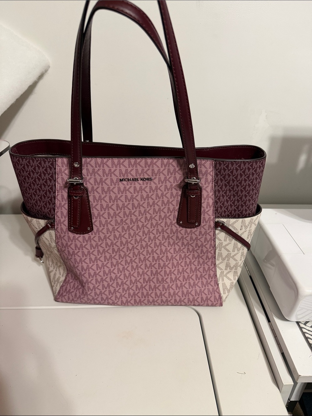 Michael Kors Pink and Cream Signature Tote with Burgundy Trim